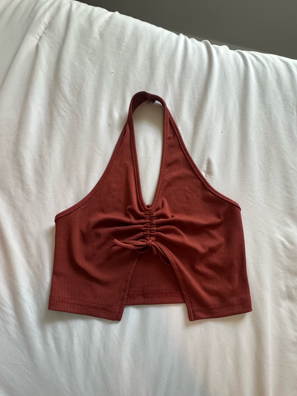 SHEIN Rust Halter Ruched Ribbed Crop Top